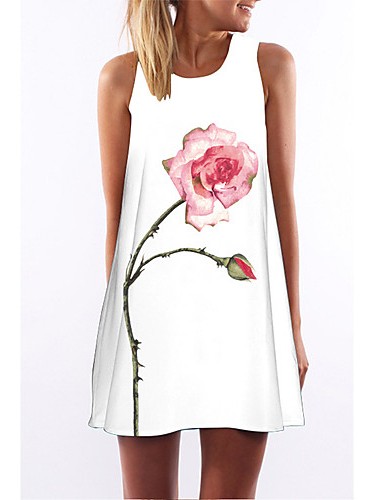Women's Simple / Street chic Loose Dress,Floral Round Neck Above Knee Sleeveless White Polyester Summer