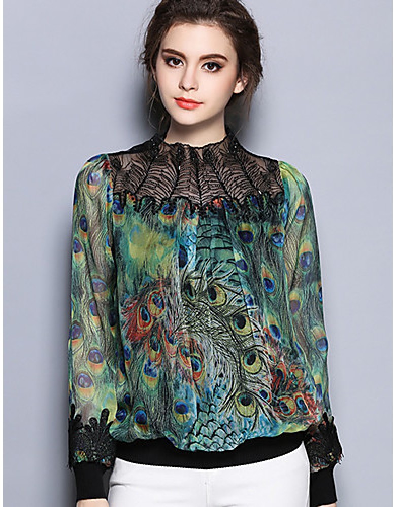 Women's Going out Vintage Spring BlousePrint Crew Neck Long Sleeve Green Cotton / Polyester Thin