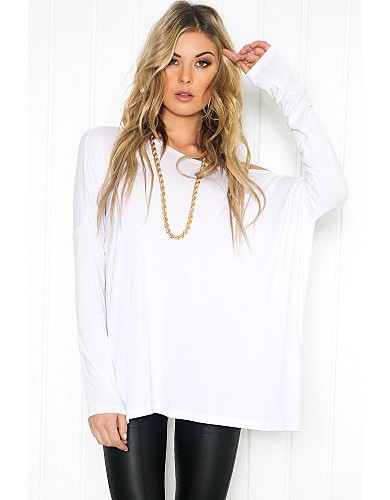 Women's Casual/Daily Sweet Sexy Fall T-shirt,Solid Round Neck Long Sleeve White / Black Cotton Medium