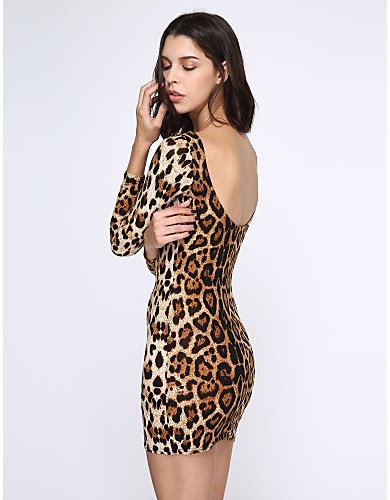 Women's Club Sexy Bodycon Dress,Leopard U Neck Mini Long Sleeve Brown Cotton / Modal / Spandex Summer Mid Rise Stretchy Opaque / Thin