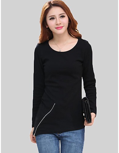 Women's Casual/Daily Simple Fall T-shirtSolid Round Neck Long Sleeve Black / Yellow Cotton Medium