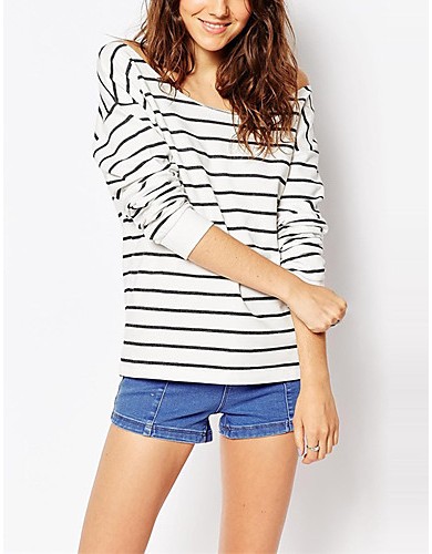 Women's Casual/Daily Vintage All Seasons T-shirtStriped Off Shoulder Long Sleeve White Polyester Medium