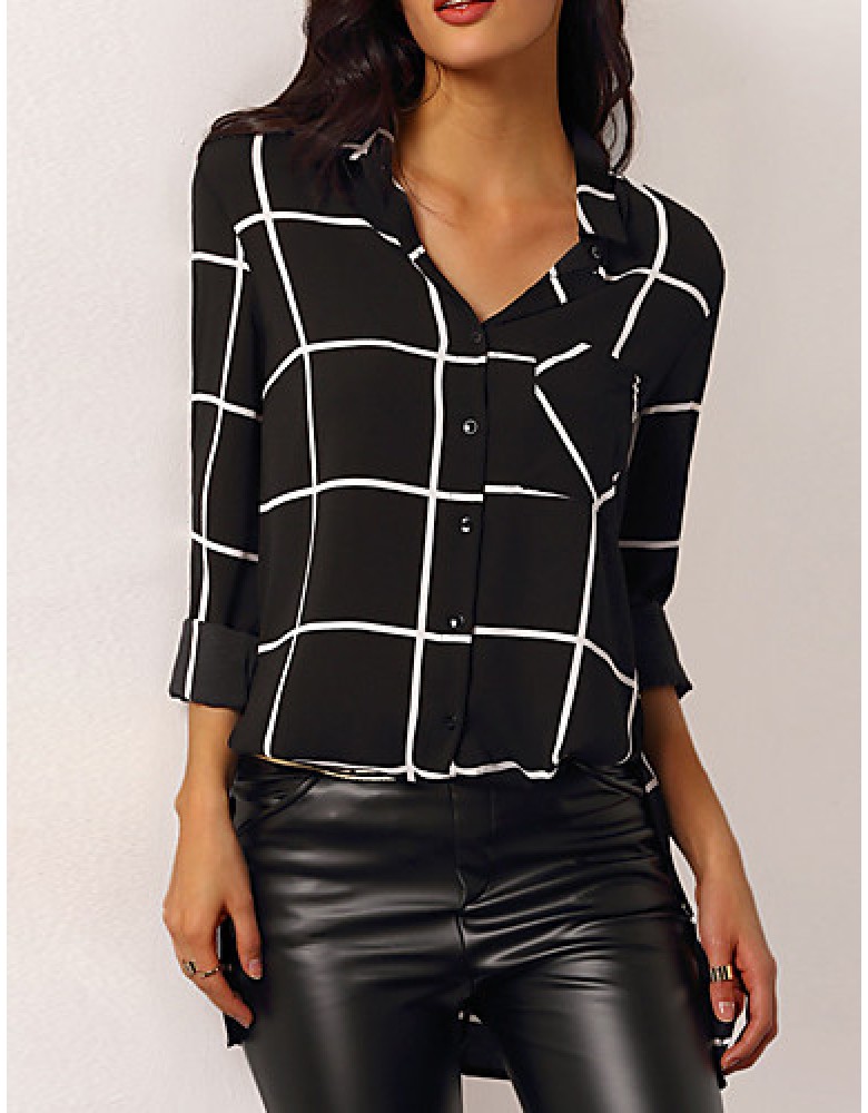 Women's Casual/Daily Simple All Seasons ShirtStriped Shirt Collar Long Sleeve Black Rayon / Polyester Thin
