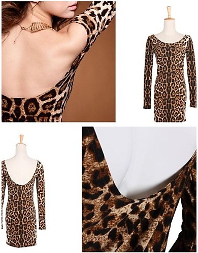 Women's Club Sexy Bodycon Dress,Leopard U Neck Mini Long Sleeve Brown Cotton / Modal / Spandex Summer Mid Rise Stretchy Opaque / Thin