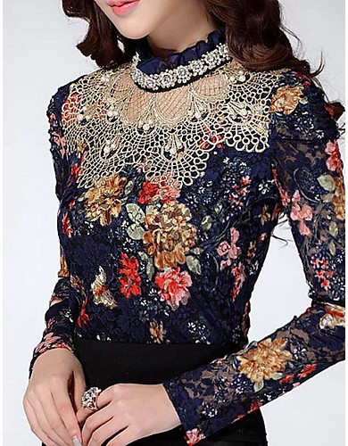 Women's Casual/Daily Simple Fall Blouse,Floral Stand Long Sleeve Blue / Beige Polyester Thin
