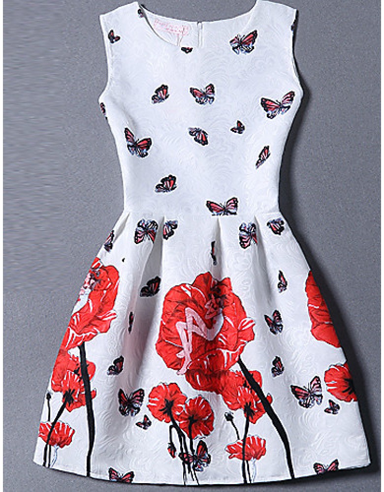 Women's Cute Floral A Line Dress,Round Neck Mini Polyester