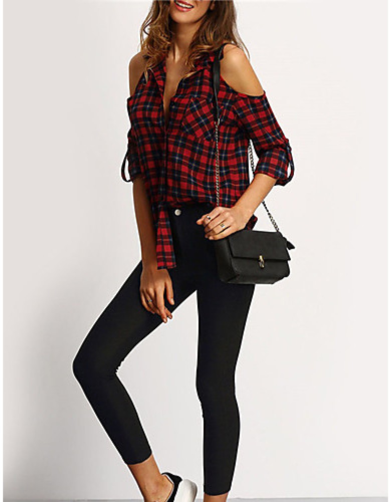 Women's Going out / Casual/Daily Sexy / Street chic Off-The-Shoulder Shirt Plaid Shirt Collar Long Sleeve