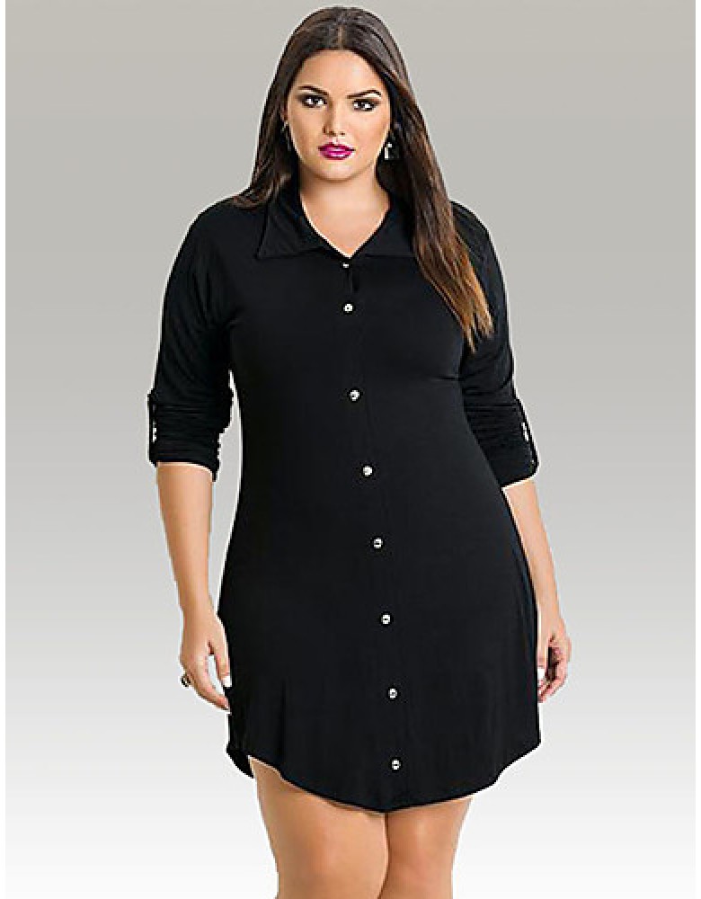 Women's Plus Size / Casual/Daily Vintage All Seasons ShirtSolid Shirt Collar Long Sleeve Black Polyester Medium