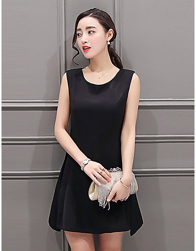 Women's Simple Solid A Line Dress,Round Neck Mini Polyester