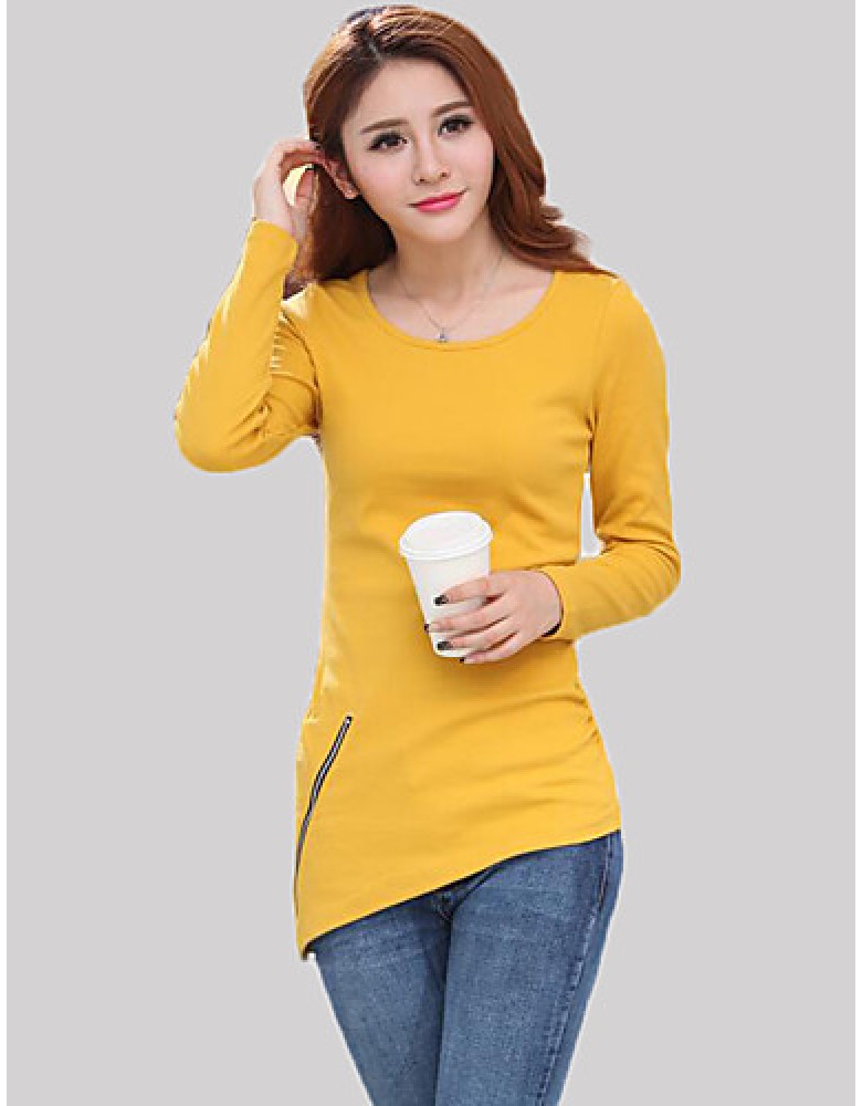 Women's Casual/Daily Simple Fall T-shirtSolid Round Neck Long Sleeve Black / Yellow Cotton Medium