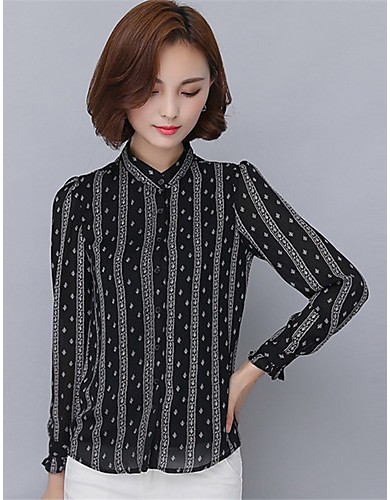 Spring Fall Going out Casual Women's Tops Fashion Striped Print Shirt Collar Long Sleeve Slim Chiffon Blouse