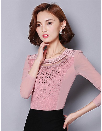 Spring Fall Women's Going out Fashion Wild Solid Color Patchwork Round Neck Long Sleeve Shirt