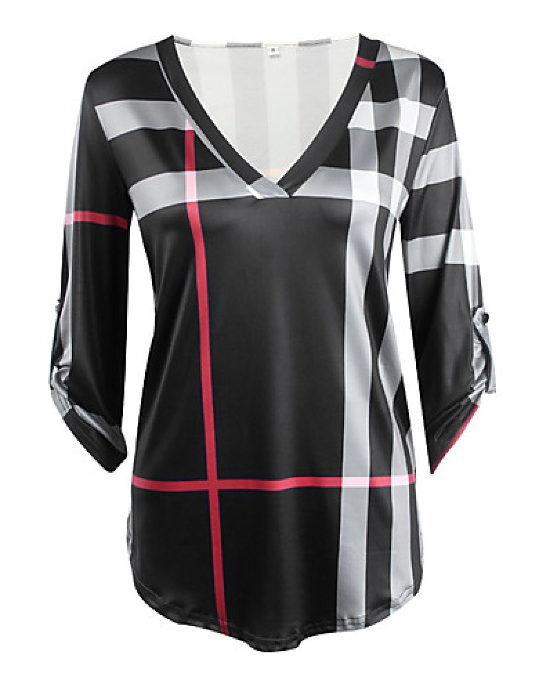 Women's Casual/Daily Vintage / Simple Fall / Winter T-shirtPlaid V NeckSleeve Pink / White / Black Cotton / Rayon Thin