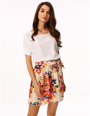 Women's White/Pink Round Flower Print Chiffon Short Sleeve Dress