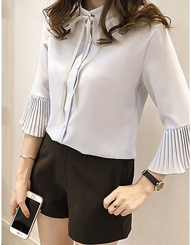 Women's Casual/Daily Simple Spring / Fall Shirt,Solid / Letter Shirt Collar Long Sleeve Blue / White Others Thin