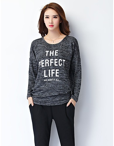Women's Plus Size / Casual/Daily Vintage All Seasons T-shirtLetter Round Neck Long Sleeve Black Polyester Medium