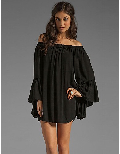 Women's Solid White/Black Dress, Casual/Sexy Off Shoulder Long Sleeve Ruffle Loose