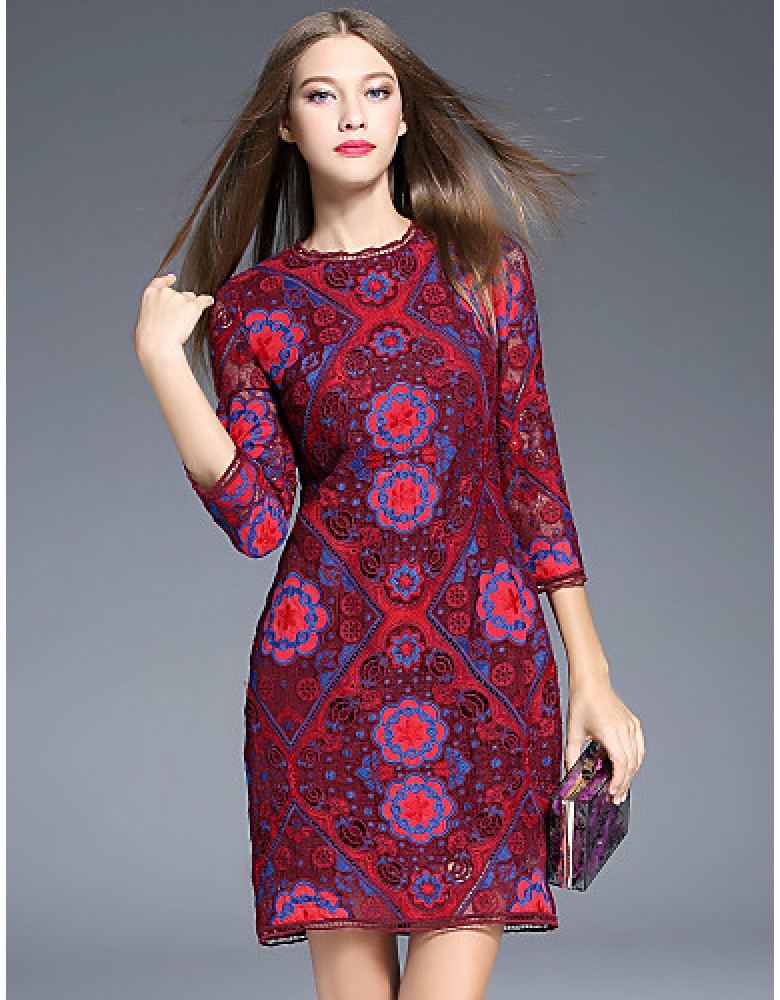 Boutique S Women's Going out Vintage Sheath Dress,Floral Round Neck Above Knee ? Sleeve Red Polyester