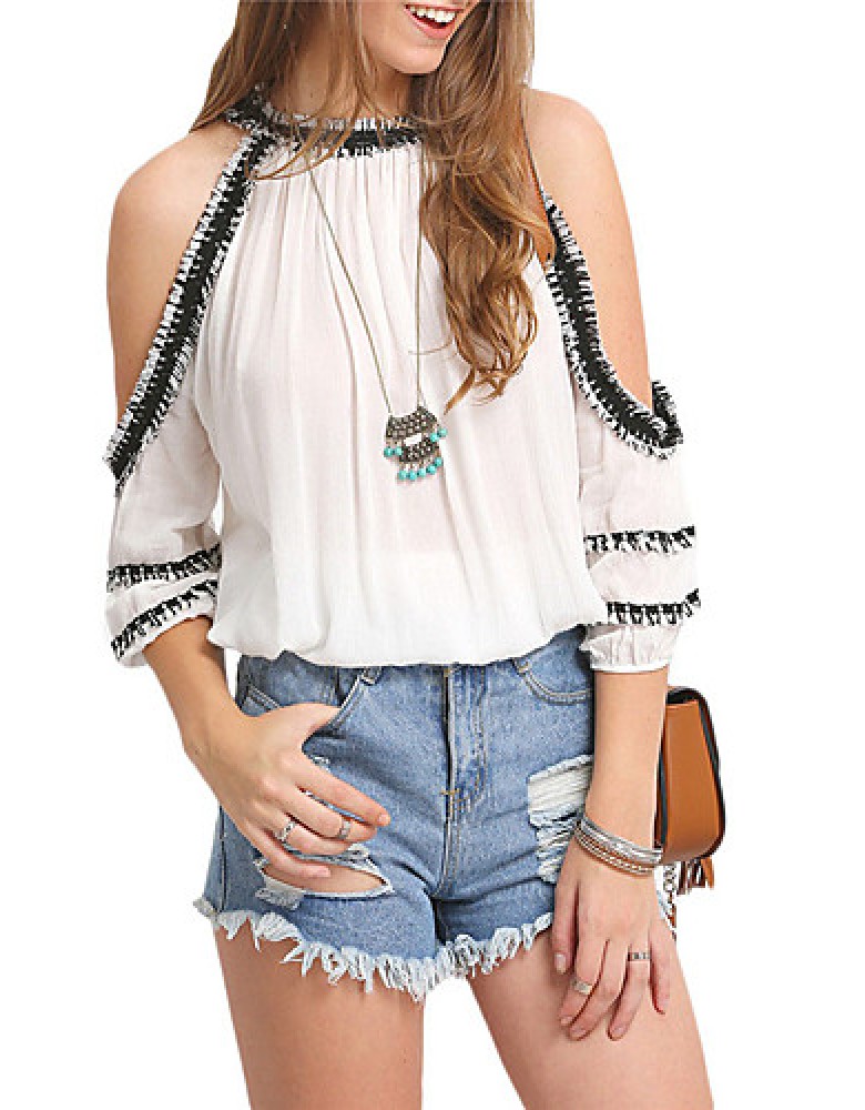 Women's Casual/Daily Sexy Summer Blouse,Solid Halter ? Sleeve White Others Thin