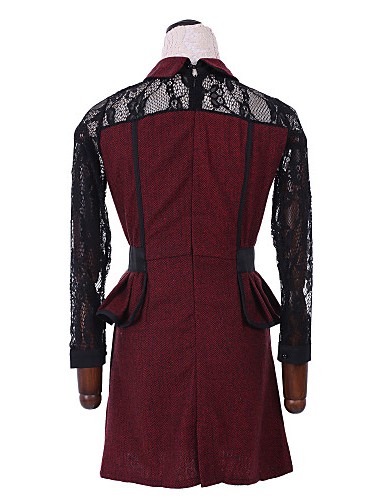 Women's Patchwork Red / Gray Lace Hin Thin Slim Temperament Dress , Work / Plus Sizes Shirt Collar Long Sleeve