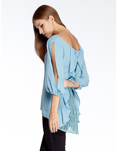 Women's Going out Simple Summer Blouse,Solid Round Neck ? Sleeve Blue Polyester Thin