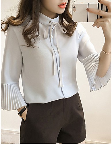 Women's Casual/Daily Simple Spring / Fall Shirt,Solid / Letter Shirt Collar Long Sleeve Blue / White Others Thin