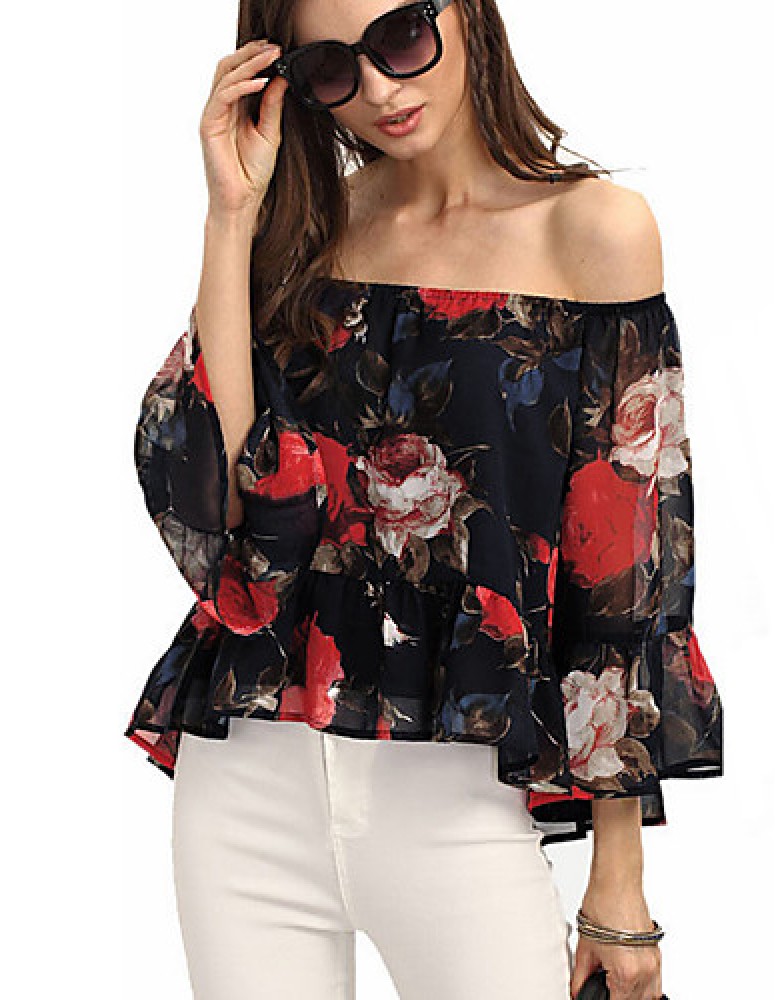 Women's Going out Sexy / Street chic All Seasons Blouse,Floral Boat Neck Long Sleeve Black Polyester Thin