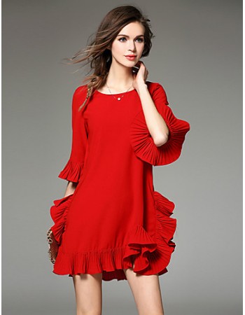  Women's Going out Cute Loose Dress,Solid Round Neck Above Knee ? Sleeve Black Cotton Spring